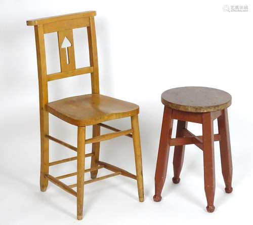 An early 20thC pine stool together with a chair having a shaped top rail and pierced back splat.