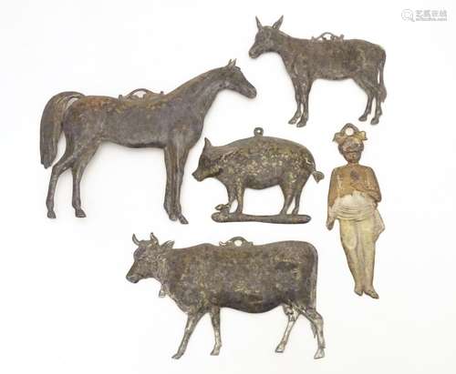 Five Italian style white metal embossed votive plaques, to include a horse, donkey, pig, bull and