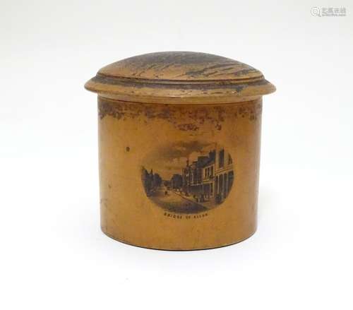 A 19thC Mauchline ware treen pot / container with a domed lid decorated with a view of Cemetery