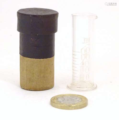 A 19thC glass chemist / medicine measure contained within a case marked Minim Measure. Glass approx.