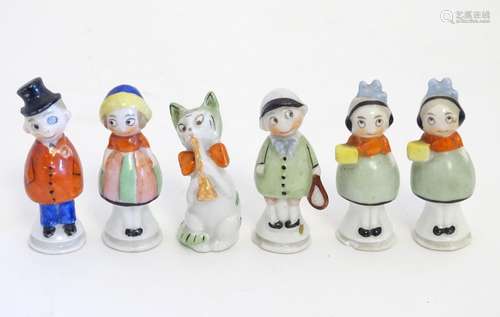 Six early 20thC / Art Deco novelty ceramic figures, one formed as a tennis player, one formed as a