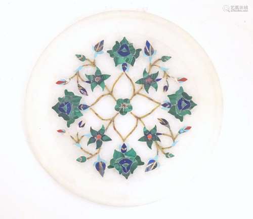 A 20thC alabaster dish / stand with decorative floral marquetry, inlaid with malachite, lapis