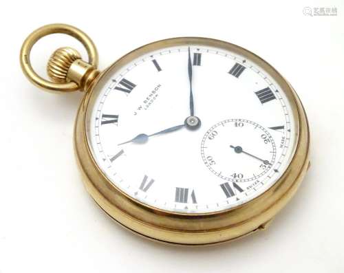 A 9ct gold JW Benson open face pocket watch with white enamel dial, Roman numerals and inset seconds