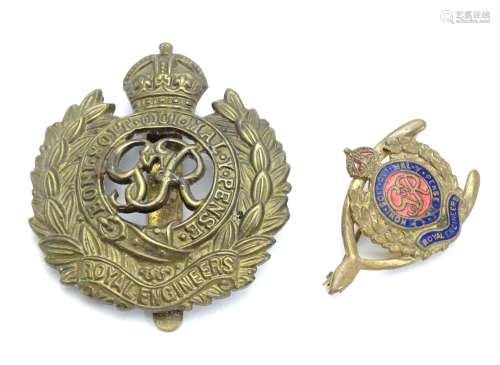 Militaria : a mid-20thC brass Royal Engineers cap badge and lapel badge, the largest 1 5/8