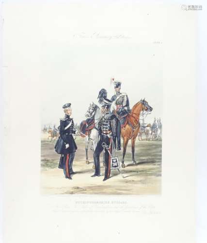 Militaria : 'Fores's Yeomanry Costumes, Plate 1.' A 20thC polychrome print depicting Officers of the