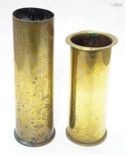 Militaria : two brass artillery shell/cartridge cases, with headstamps for 1917 (German 77mm, WWI)