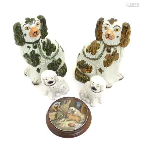 A Victorian Prattware pot lid Both Alike, depicting with two dogs. Together with two pairs of