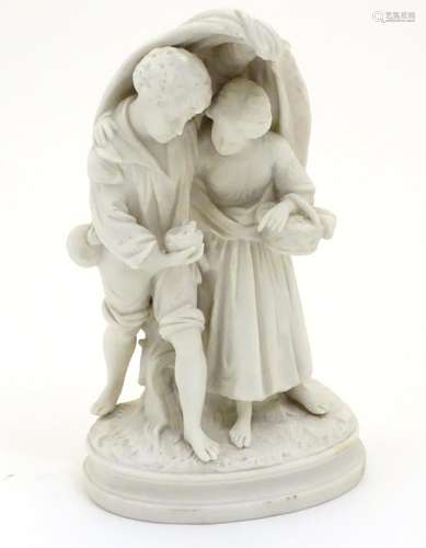 A Copeland style parian figural group modelled as two children, a boy holding a nest with two