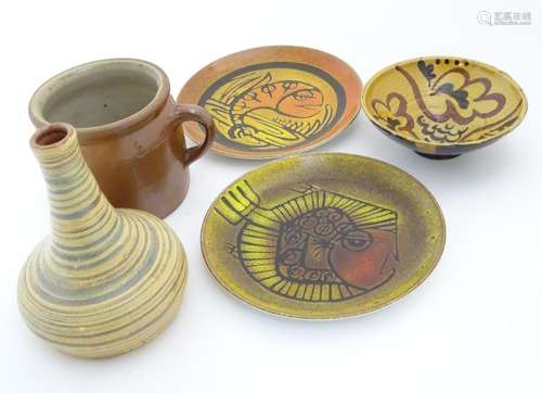 Five items of assorted ceramics to include two Poole pottery plates with incised fish decoration,