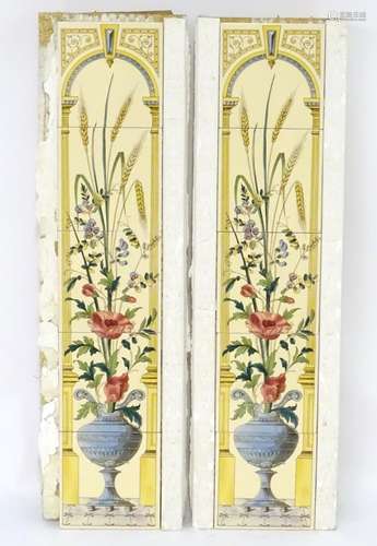 Two classical scenes depicting urn and flowers within an urn, each formed from. 5 tiles suitable for