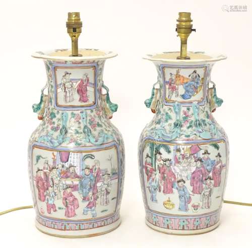 Two table lamps formed from Chinese ceramic vases of baluster form decorated with figures in an