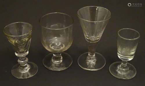 Four assorted drinking glasses. 19thC and later. The tallest 4 1/2