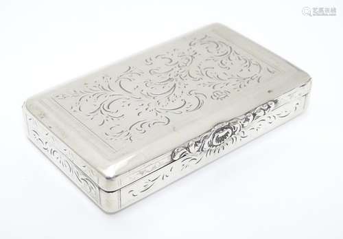 A Continental silver snuff box with engraved decoration and glided interior marked with Austrian /