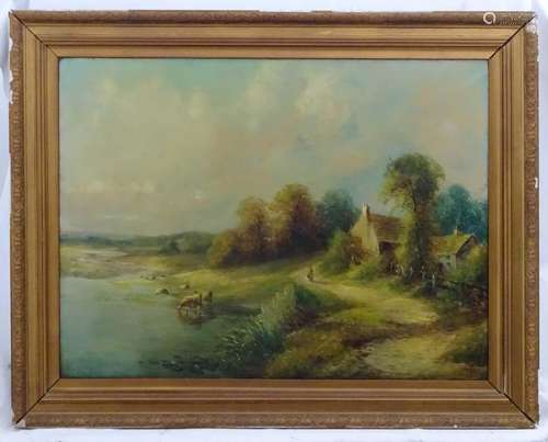 Indistinctly signed, XIX, Oil on canvas, Country vista with figure walking a path, cattle drinking