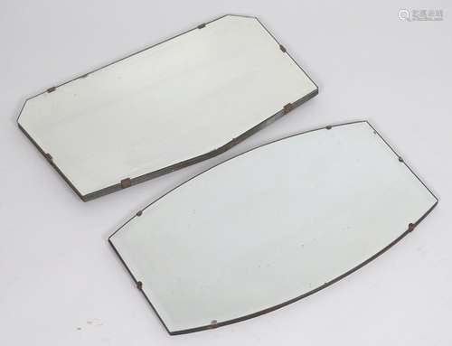 Two Art Deco style six sided bevel edged mirrors , wood mounted and fitted with metal link hanging