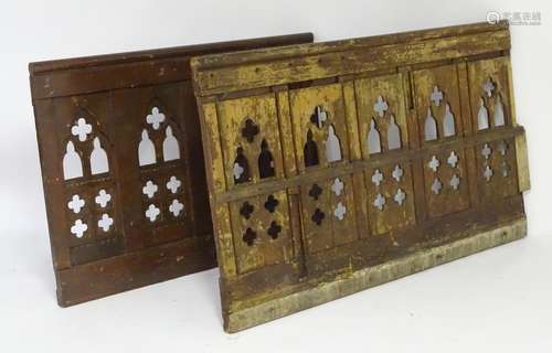 Two 19thC ecclesiastical Gothic panels with carved lancet decoration containing pierced quatrefoil