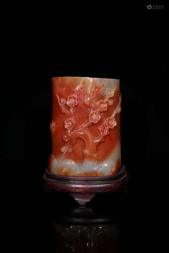 An Agate Plum Flower Brush Pot