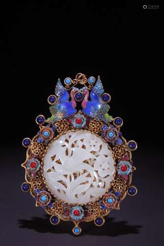 A Gilt Silver Pendant Embed Gems&Hetian Jade