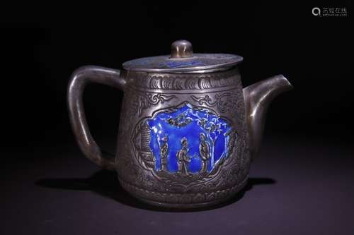 A Silver Enameling Blue Figure Story Teapot