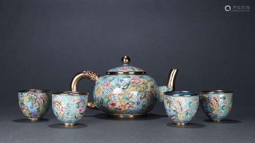 Set Of Bronze Enameled Teapot&Cups