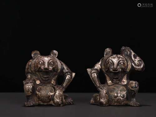 Pair Of Bronze Ware With Gold&Silver Bear Shaped Ornaments