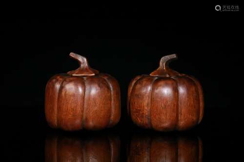 Pair Of Agarwood Pumpkin Shaped Jars