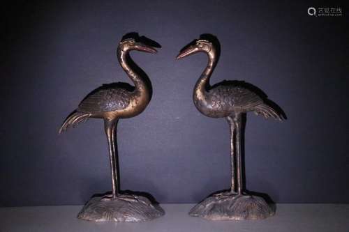 Pair Of Bronze Crane Ornaments With Gold Painting