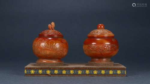 Pair Of Shoushan Stone Dragon Pattern Censers