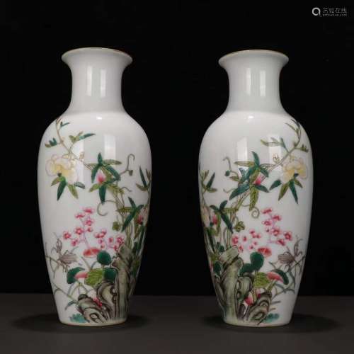 Pair Of Porcelain Famille Rose Floral Vases