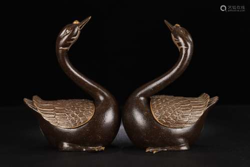 Pair Of Porcelain Black&Gold Glazed Duck Shaped Ornaments