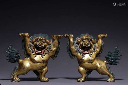 Pair Of Gilt Bronze Lion Ornaments