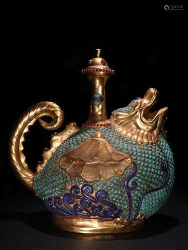 A Gilt Bronze Dragon Pot Embed Turquoise Stone