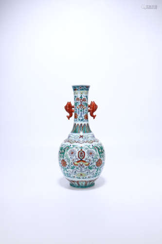 chinese doucai porcelain vase with double fish handled