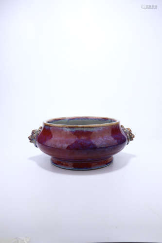 chinese flambe glazed porcelain censer with double lions ear
