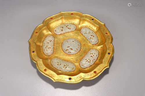 Gilt Bronze Plate With Hetian Jade