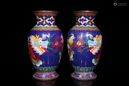 Pair Of Cloisonne Dragon&Phoenix Vases