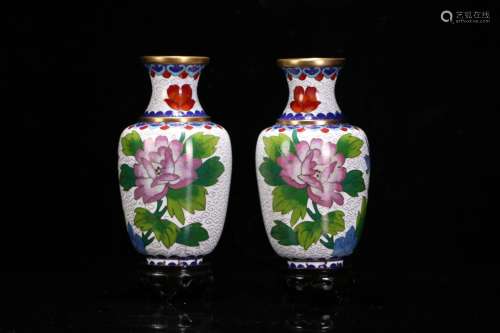 Pair Of Cloisonne Floral&Bird Vases