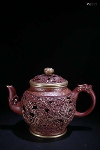 A Zisha Teapot With Gilding And Dragon Carved