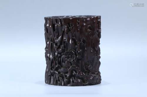 A Rosewood Auspicious Pattern Brush Pot