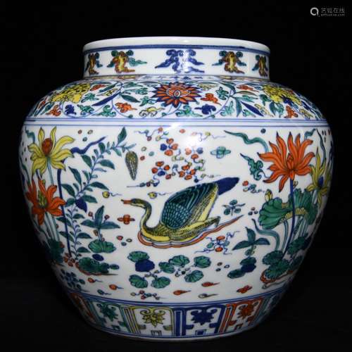 Porcelain Wucai Mandrain Duck Pattern Jar