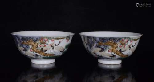 Pair Of Famille Rose Crane Pattern Bowls