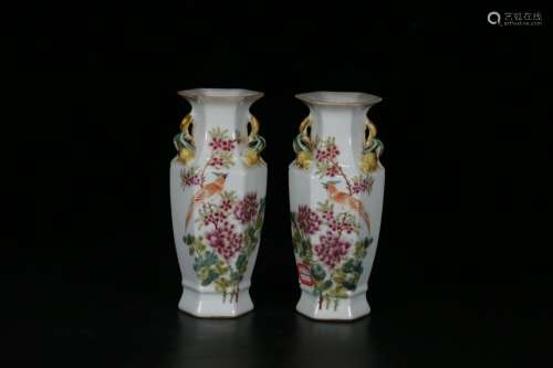 Pair Of Famille Rose Floral&Bird Vases