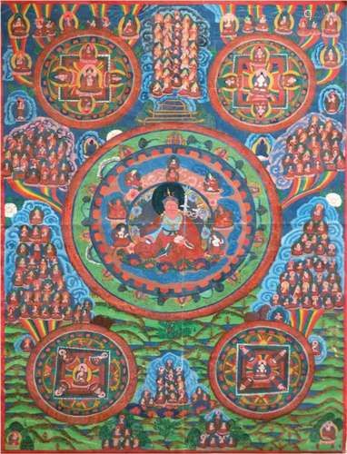 Thangka, China um 1900, figurenreiche Ölmalerei auf Leinwand, rücks. Ausfuhrsiegel, 94x66cm