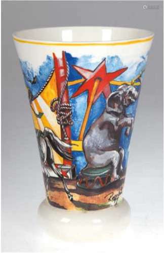 Vase, Villeroy & Boch, bedruckt mit Zirkusmotiv von Rolf Knie (geb. 1949), H. 20 cm