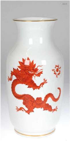 Große Meissen Vase, Roter Drache, mit Goldrand, unterseitig blaue Schwertermarke, 1. Wahl,H.