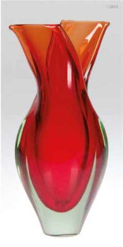 Murano-Vase, farbloses Glas mit roten und orangen Einschmelzungen, H. 24 cm