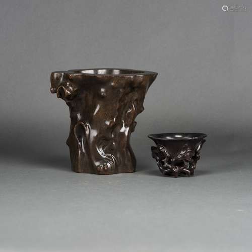 A CHINESE ZITAN BRUSH POT AND A CUP