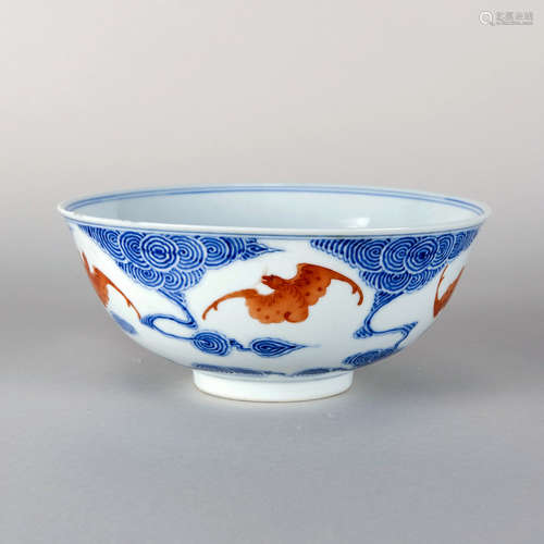 A CHINESE BLUE AND WHITE IRON-RED GLAZED 'BAT' BOWL, GUANGXU PERIOD