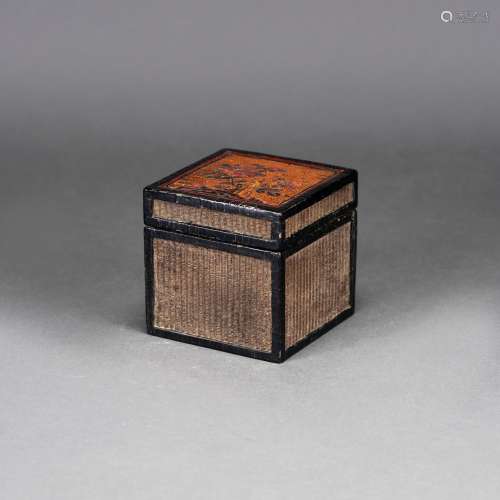 A CHINESE LACQUERED SQUARE BAMBOO BOX AND COVER