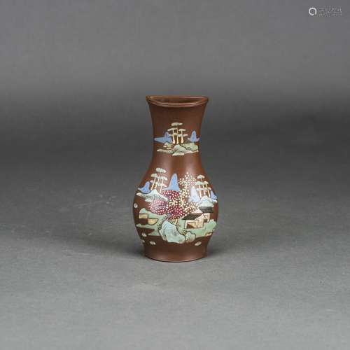 A CHINESE PAINTED ZISHA WALL VASE, 18TH CENTURY